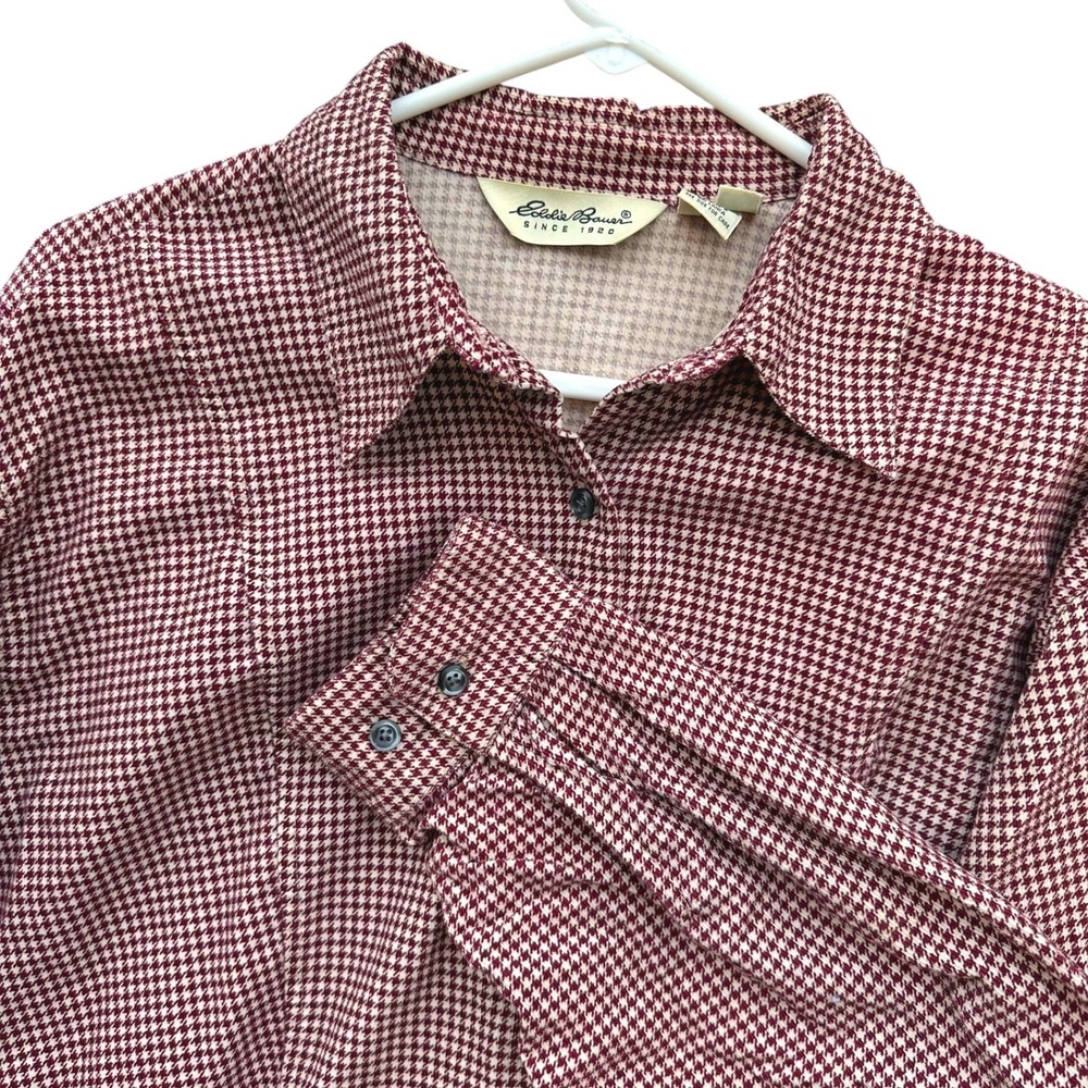 Eddie Bauer Women's Houndstooth Button Up Shirt XL Burgundy Cream Cotton